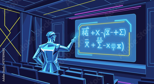 Futuristic robot presenting mathematical equations in a modern auditorium setting