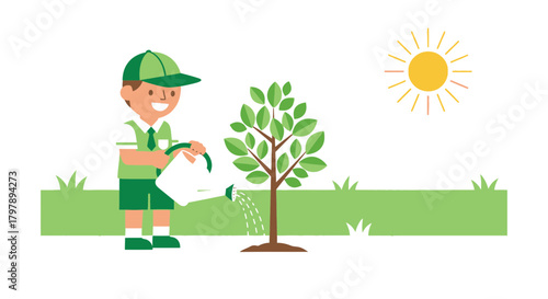 Illustration of a young boy watering a newly planted tree in sunny weather