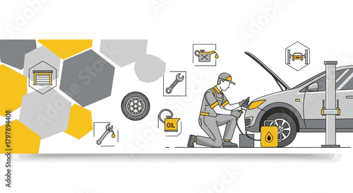 Illustration of car service and maintenance with mechanic and vehicle repair service