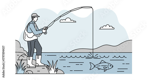Linear art illustration depicting a fisherman catching a fish in a serene landscape near a calm