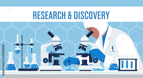 Scientist in laboratory with microscopes conducting research and discovery for medical advancement