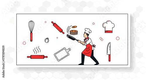 Whimsical Culinary Illustration Featuring a Chef Flipping Pancakes with Kitchen Utensils
