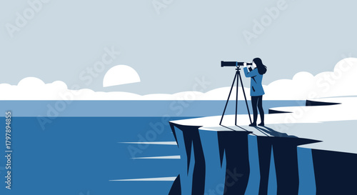 Woman with telescope standing on cliff edge looking towards the future ahead