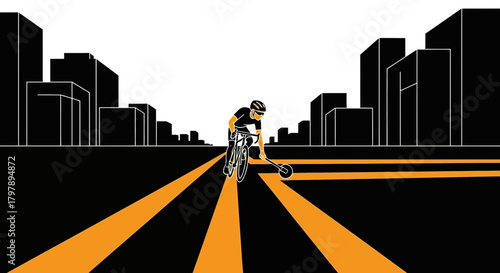 Cyclist on the road with a measuring wheel surrounded by a city silhouette creating an energetic