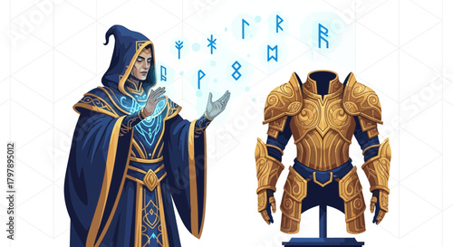 A skilled sorcerer casting a spell on an armor with magic runes, the fantasy illustration