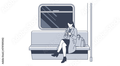 Elegant woman using her smartphone in the subway train illustration on a gray scale depicting