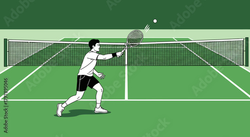 Dynamic Illustration of a Tennis Player Hitting the Ball on a Green Court and Net