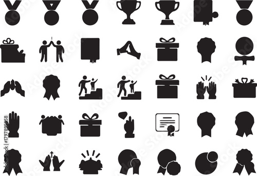 Collection of award and achievement icons including medals, trophies, gifts, and certificates