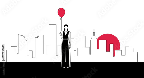 Elegant woman standing in a city skyline, holding a red balloon, artistic illustration