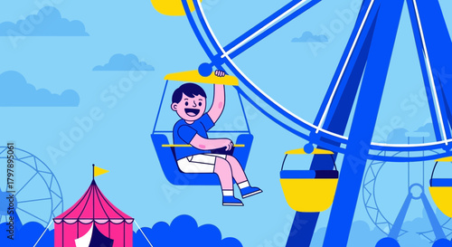 Boy enjoying a ride on a Ferris wheel at a funfair, cartoon style illustration of leisure and