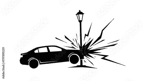 Vector illustration of car crashing into a lamppost with explosion effect on a transparent background