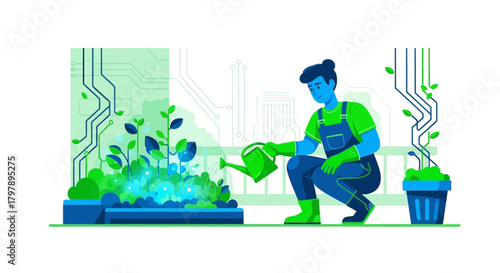Illustration depicting a gardener nurturing plants integrated with circuit board technology