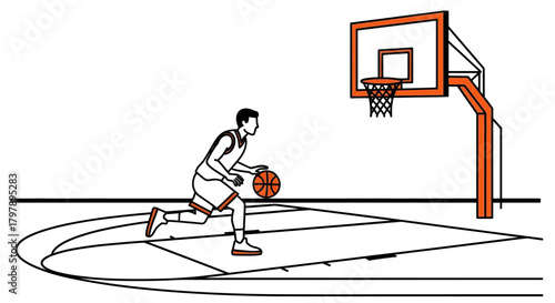 Illustration depicting a basketball player dribbling towards the hoop with clear line art and