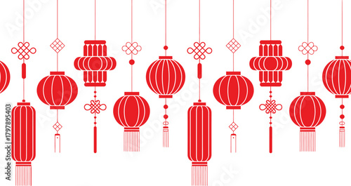 Seamless Pattern of Traditional Red Chinese Lanterns and Knots Hanging on a White Background for Festive Celebrations