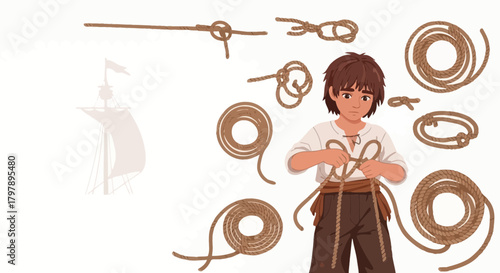 Illustration of a young sailor learning to tie nautical knots on a white background with ship