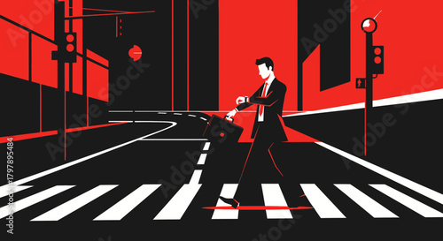 Late for meeting, stylized illustration of businessman checking time on street