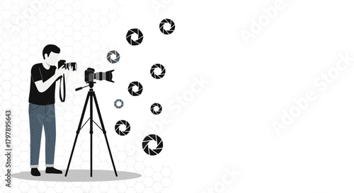 Photographer capturing moments with camera and lens aperture background vector illustration