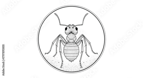 A close up black and white drawing of an ant in a circle.