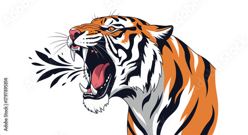 Majestic tiger roaring with open mouth showing sharp teeth and tongue.