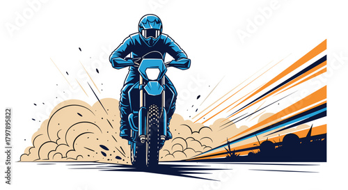 A daring rider navigates a dusty off-road terrain at high speed.