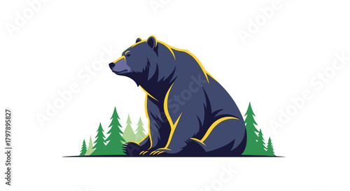 A majestic blue bear sits calmly in a forest clearing surrounded by pine trees.