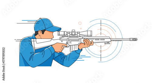 A focused marksman aims a rifle with a scope at a distant target.
