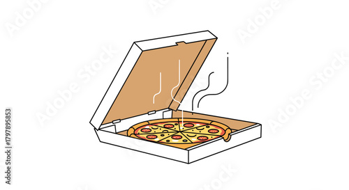 A freshly baked pepperoni pizza steams enticingly as it sits in its open cardboard box.