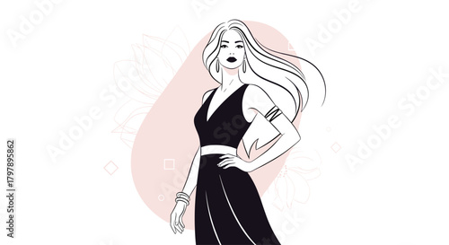 Elegant woman in a black dress posing with her hand on her hip.