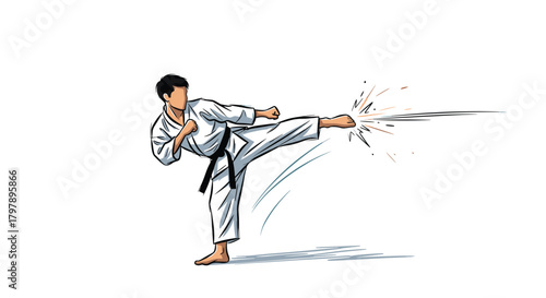 Martial arts athlete in a white gi performs a dynamic high kick.