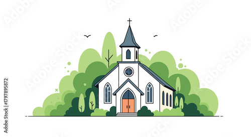 A beautiful small white church with a steeple nestled amongst lush green trees and bushes.