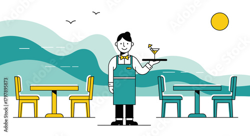 Waiter serving cocktail at outdoor restaurant with tables and sea view illustration