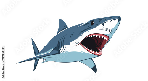 A fierce predatory great white shark with its mouth open showing sharp teeth is depicted in this artwork.