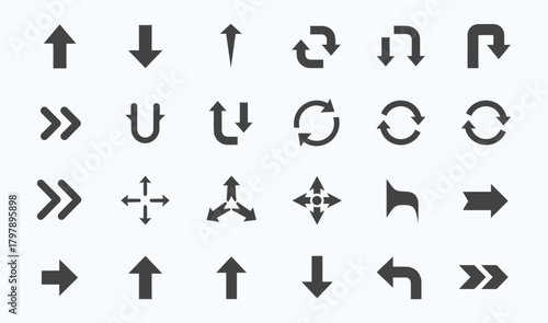 Collection of diverse black arrow icons and symbols representing direction movement and navigation on a light background