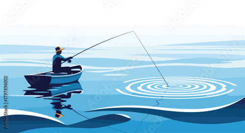 A lone angler casts a line from a small boat into the vast tranquil blue water.