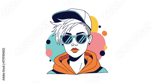 A stylish person with short blonde hair wearing sunglasses and a hoodie.