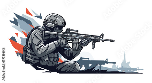 A tactical soldier aims an assault rifle with intense focus during a dynamic firefight.