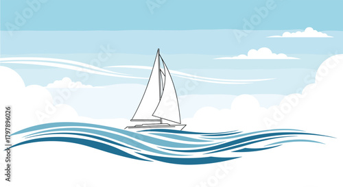 A lone sailboat glides across a vast ocean under a cloudy sky.