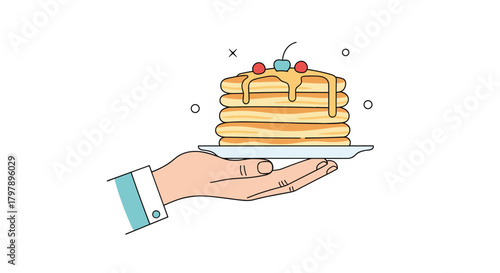 A delicious stack of fluffy golden pancakes served with syrup and cherries on a white plate held by a hand.