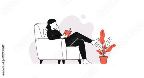 A person relaxes in a chair reading a book with a plant nearby.