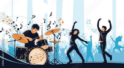 A lively band plays music with energetic dancers celebrating at a concert.