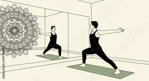 A serene yoga studio scene featuring a man in warrior pose, reflected in a mirror near an