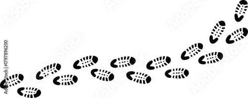 Dynamic vector illustration of black shoe footprints creating a curved path on a clean white background, symbolizing progress, human movement, and the journey of discovery