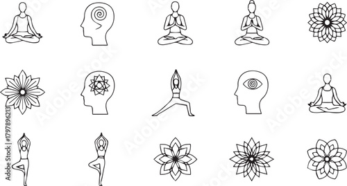 Yoga and meditation icons, including poses, lotus flower, and silhouette of a meditating person