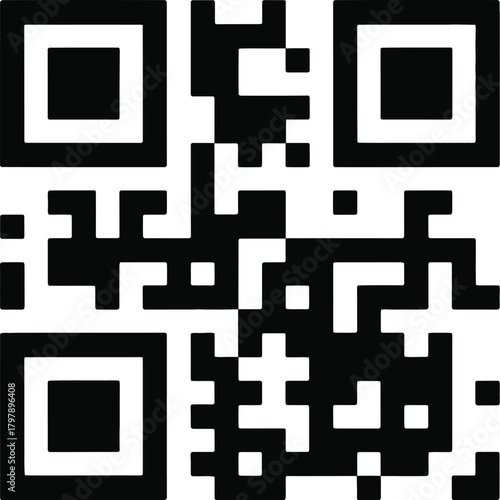 A detailed black and white illustration of a Quick Response code, a type of matrix barcode, isolated on a clean white background for digital scanning
