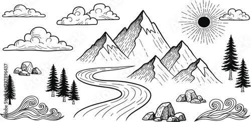 Hand drawn sketch of majestic mountains river trees clouds and sunburst in a rustic outdoor landscape