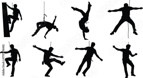 Climbing silhouettes, black vector climbers, rope safety poses, extreme sport graphics, suspended action icons, harnessed movement forms, adventure design assets