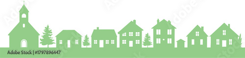 A charming green silhouette of a quaint village with a church, trees, and houses, evoking a sense of community and rural life