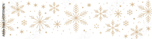 Festive Golden Snowflakes Border Illustration with Tiny Dots on White Background