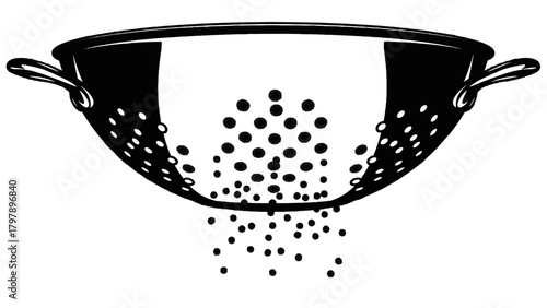 Vector illustration of colander with water draining through holes, on a transparent background