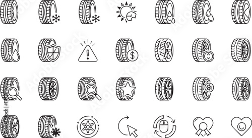 Collection of tire icons representing various conditions and services